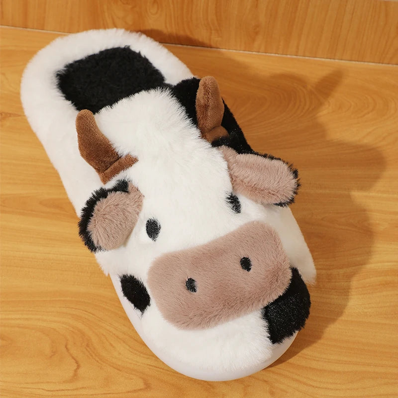 Cartoon Cow Plush Slippers – Non-Slip & Cozy