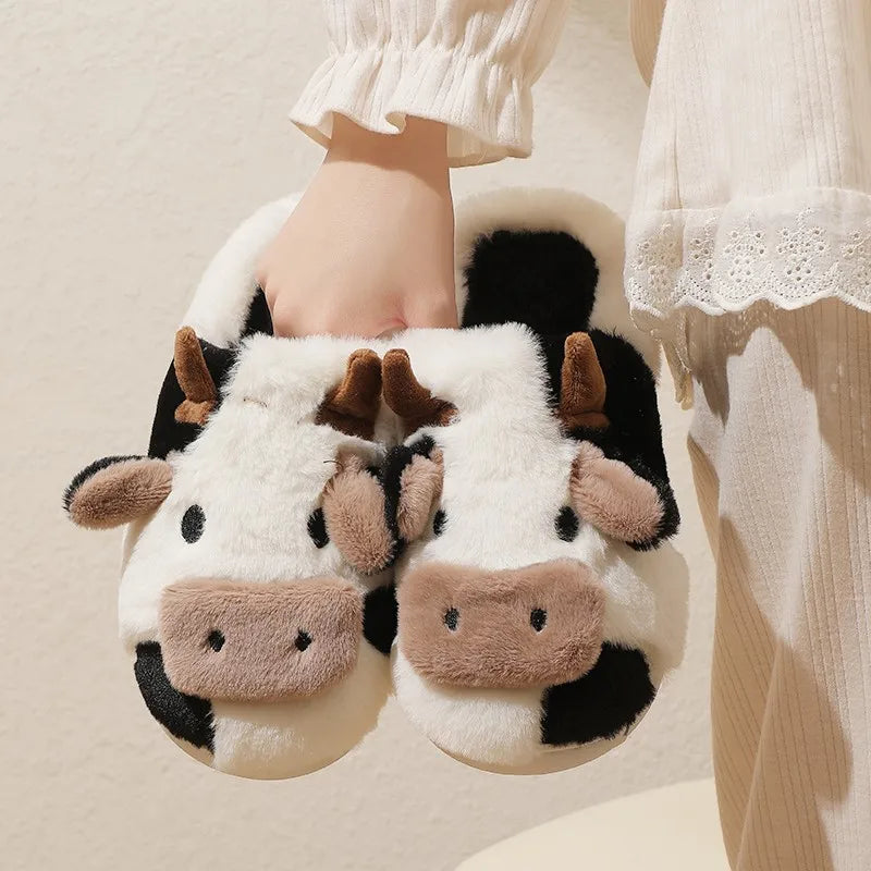 Cartoon Cow Plush Slippers – Non-Slip & Cozy