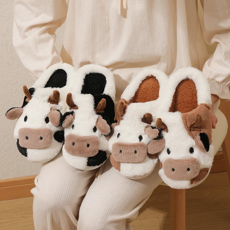 Cartoon Cow Plush Slippers – Non-Slip & Cozy